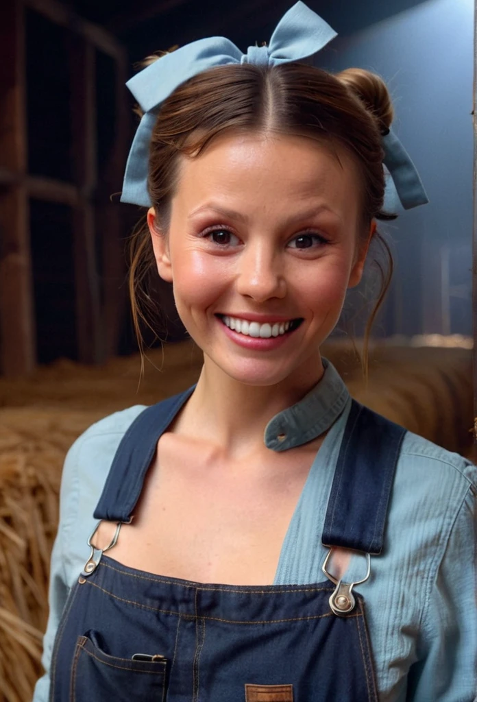 high resolution close up headshot portrait of m1ag0th woman,hair bun tied with bow,wearing sky blue shirt and dark denim overalls,smiling,masterpiece,surreal lighting,volumetric lighting,volumetric fog,boked,depth of field,cinematic,barn interior background