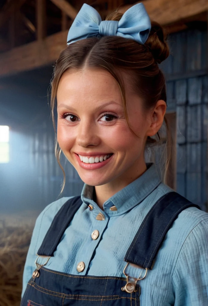 high resolution close up headshot portrait of m1ag0th woman,hair bun tied with bow,wearing sky blue shirt and dark denim overalls,smiling,masterpiece,surreal lighting,volumetric lighting,volumetric fog,boked,depth of field,cinematic,barn interior background