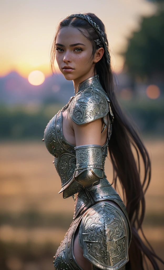 (masterpiece), (extremely intricate:1.3), (realistic), portrait of a girl, the most beautiful in the world, (medieval armor), metal reflections, upper body, outdoors, intense sunlight, far away castle, professional photograph of a stunning woman detailed, sharp focus, dramatic, award winning, cinematic lighting, octane render unreal engine, volumetrics dtx, (film grain, blurry background, blurry foreground, bokeh, depth of field, sunset, motion blur:1.3), chainmail