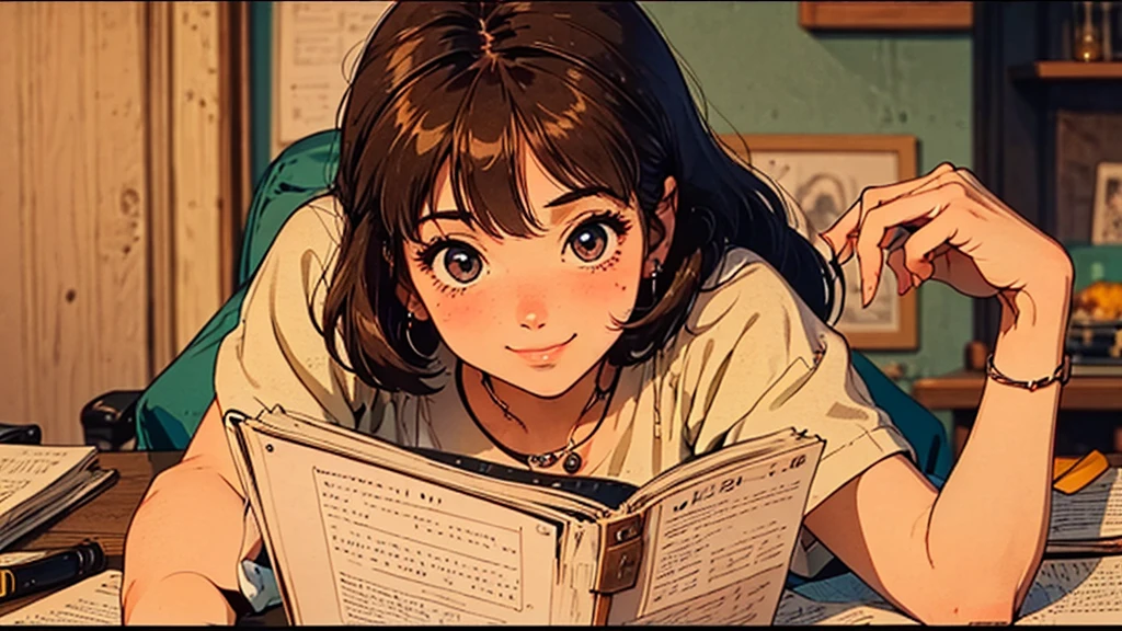 A girl, 80s anime style, retro, lo-fi, piercing, smile