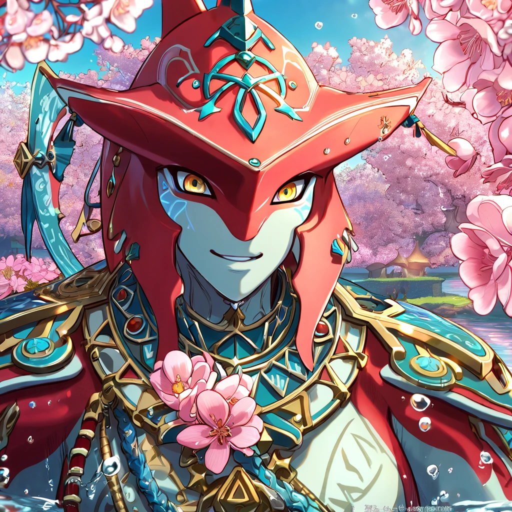 absurdres, highres, ultra detailed, HDR, master piece, best quality, perfect face, delicated features, red Zora, Sidon, expressive yellow eyes, The Legend Of Zelda Breath Of The Wild, pale skin, solo, handsome, smiling, water, zora domain, pink blossoms, pink flowers, fantasy