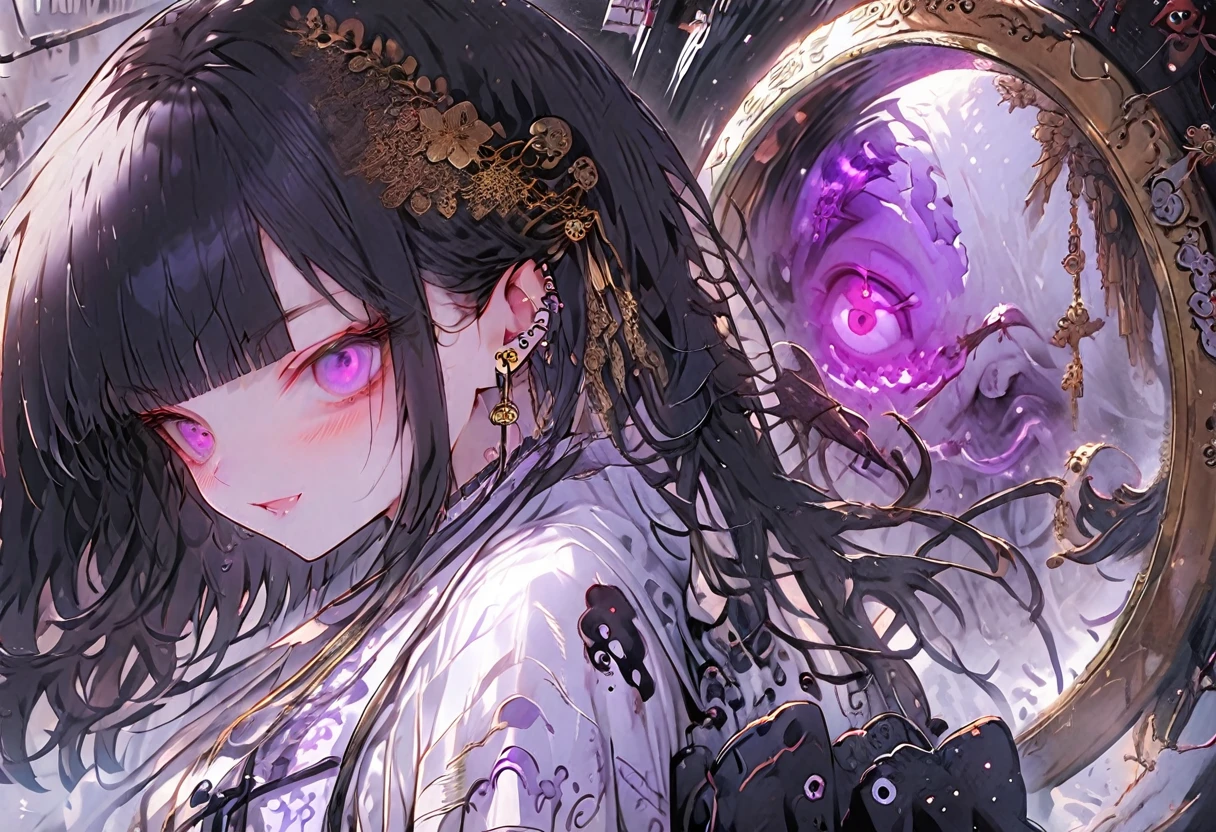 jirai kei, harajuku, hime cut, blunt bangs, purple eyes, punk fashion, dark persona, makeup, striped thighhighs, torn long skirt, ecstasy, blush, piercings, from side, long hair, bags under eyes, evil grin, red and black and blue hair, octagonal yin yang mirror, pillars of purple fire, 1 girl, runes, platform footwear, gold decoration, earrings, chains, bracelets, yin yang, belts, tassel, beautiful art, depth of field, high res, perfect face, detailed outfit