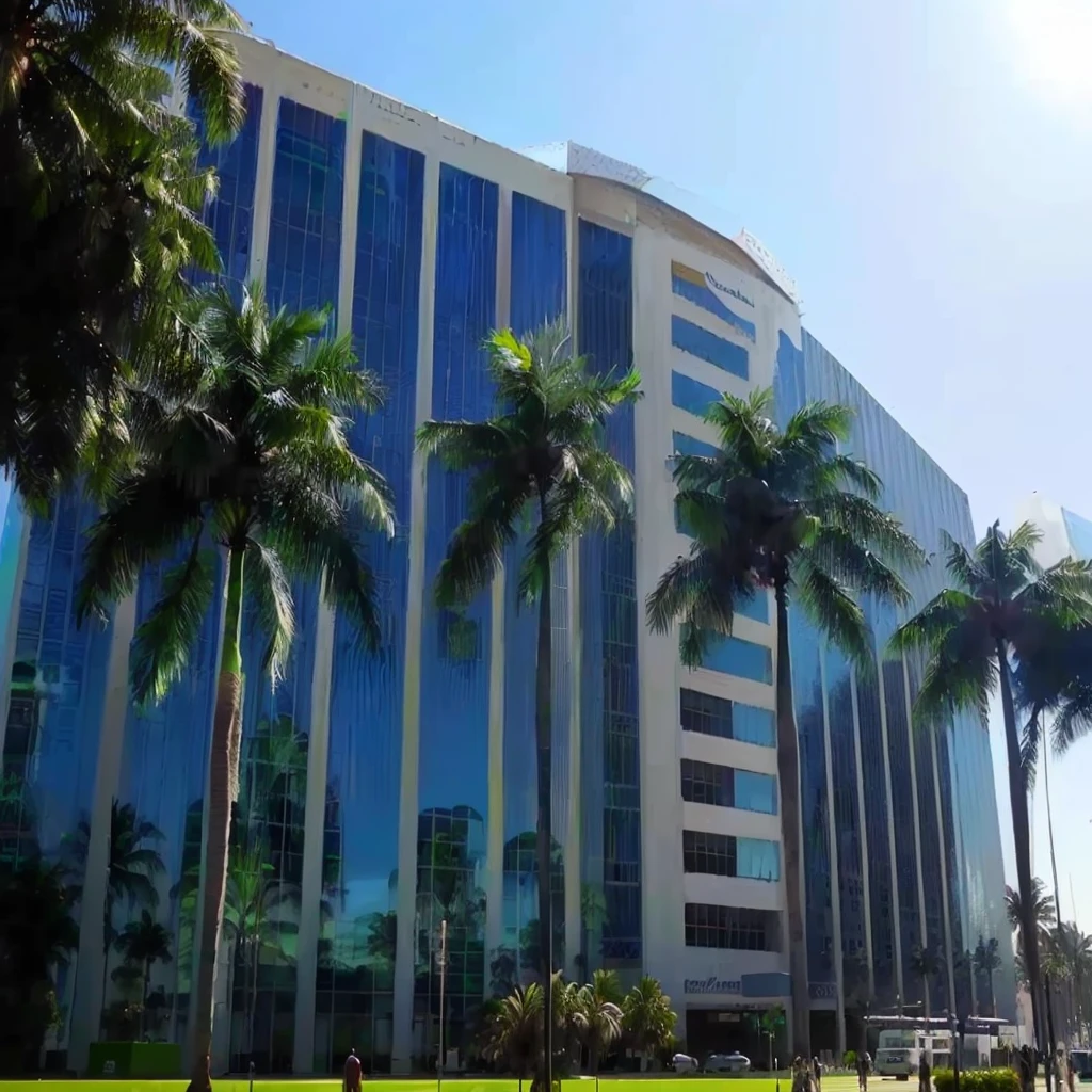 arafa view of a large building with palm trees in front, commercial building, complete building, paler. millions of glass walls, capital square, building facade, full - view, in sao paulo, freddy mamani wild facade, palm trees and miami buildings, by Felipe Device, avenida paulista, sao paulo, post-processed