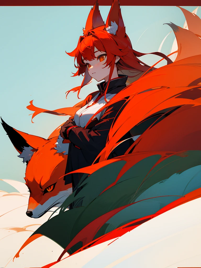 Red kitsune girl with foxes in forest on the mountain