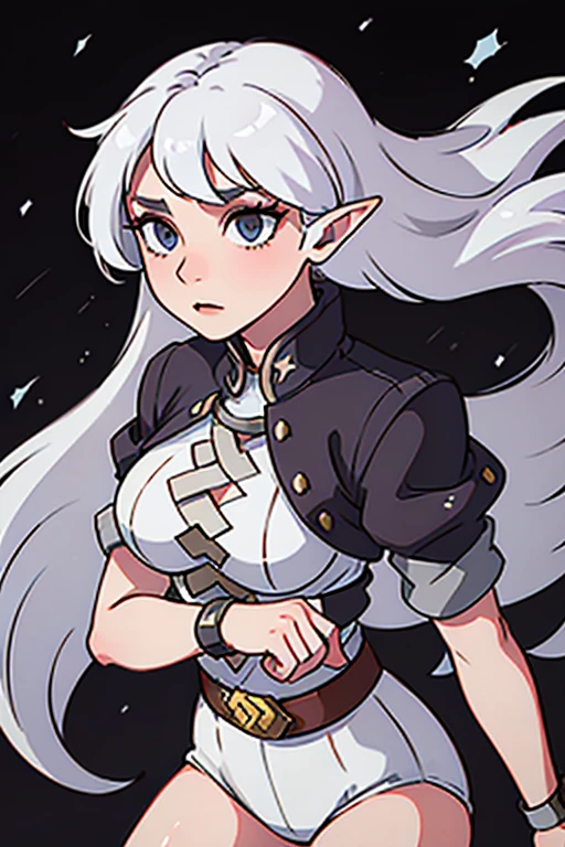 A half-elf woman, with long, wavy white hair, eye white, skin fair, She is 25 years old. She wears a leather outfit similar to those worn by Vikings., she has a short sword,