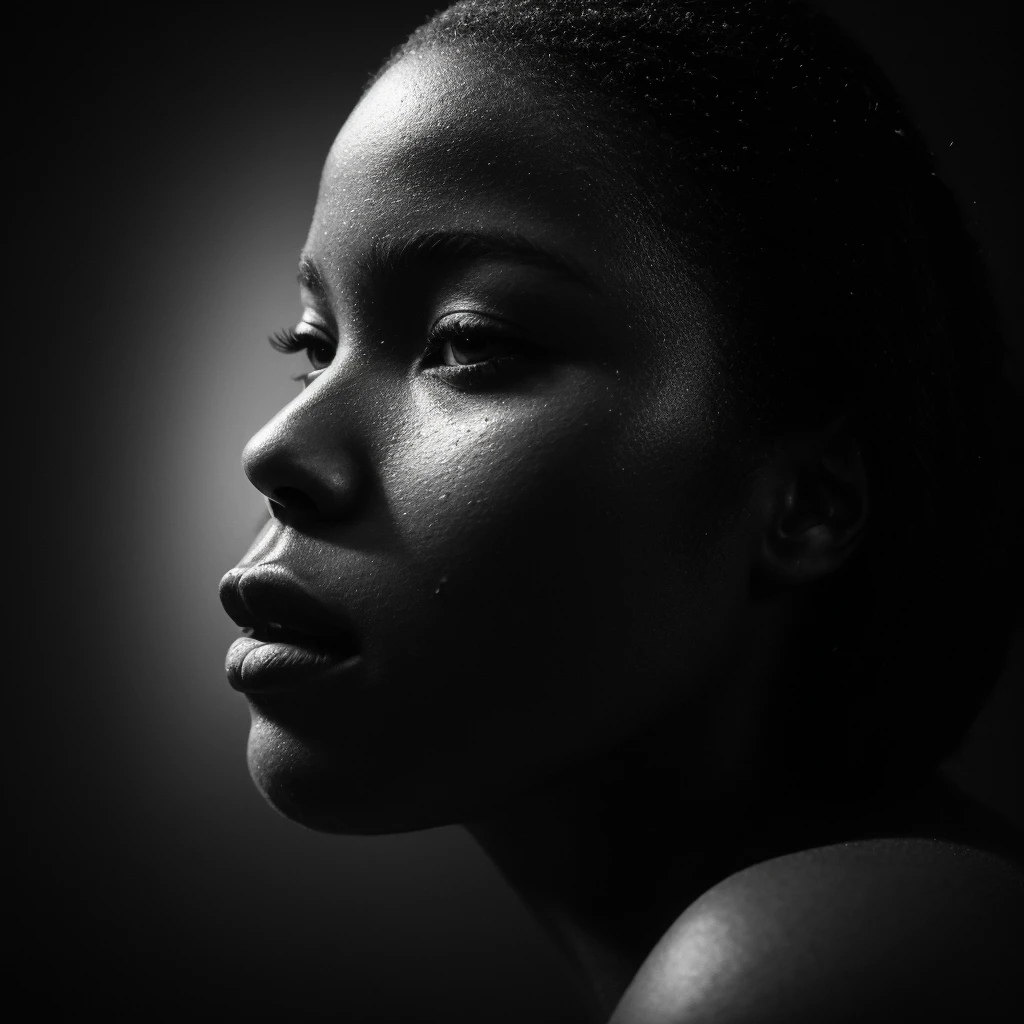 a beautiful black girl with a water teardrop running down her face and a black background, inspired by casey baugh, light falling on face, by casey baugh, stars in her gazing eyes, inspired by Roy DeCarava, noir photorealism, mysterious portrait of a woman, inspired by Anna Füssli, chiaroscuro portrait, grainy black and white photo. close up on side profile