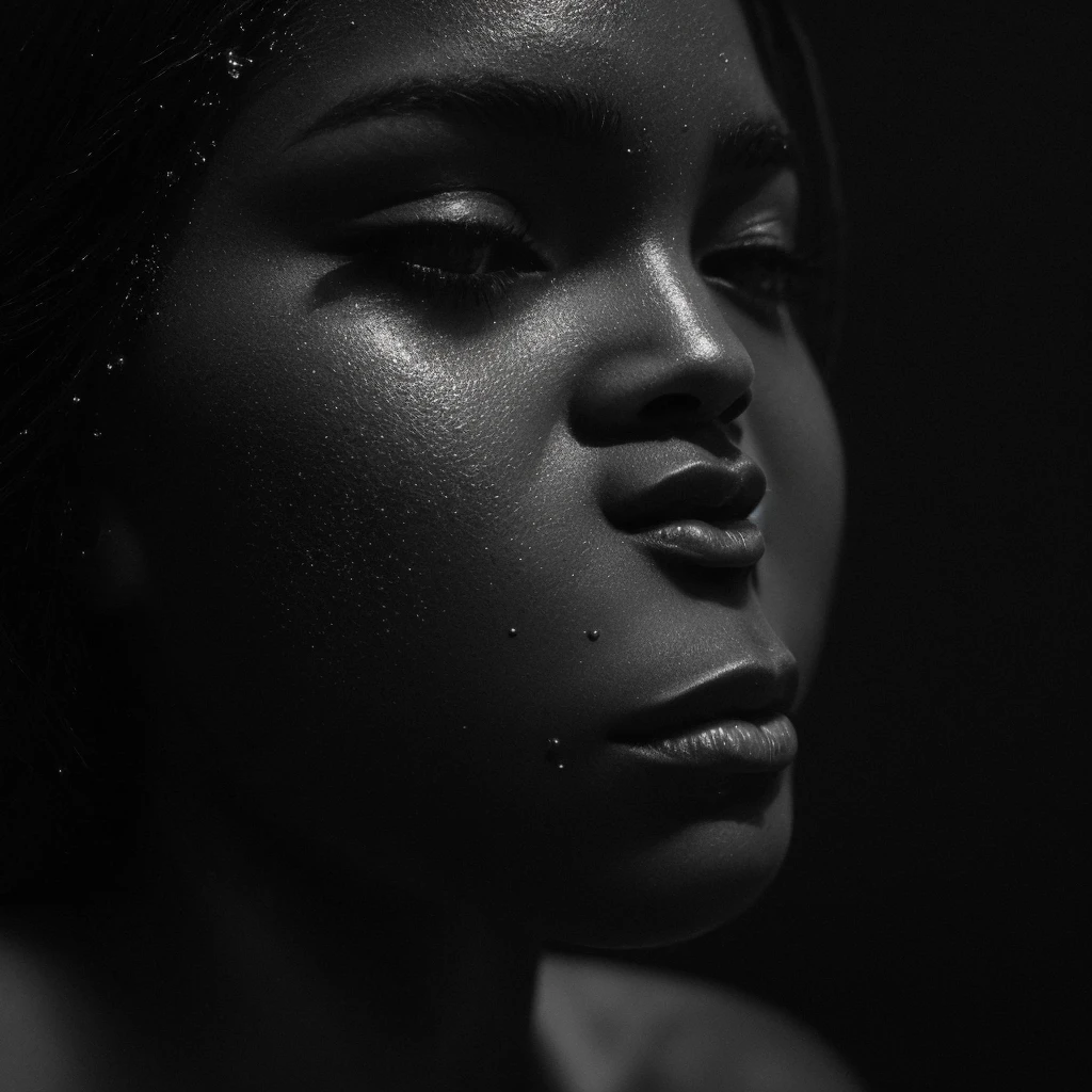 a beautiful black girl with a water teardrop running down her face and a black background, inspired by casey baugh, light falling on face, by casey baugh, stars in her gazing eyes, inspired by Roy DeCarava, noir photorealism, mysterious portrait of a woman, inspired by Anna Füssli, chiaroscuro portrait, grainy black and white photo. close up on side profile