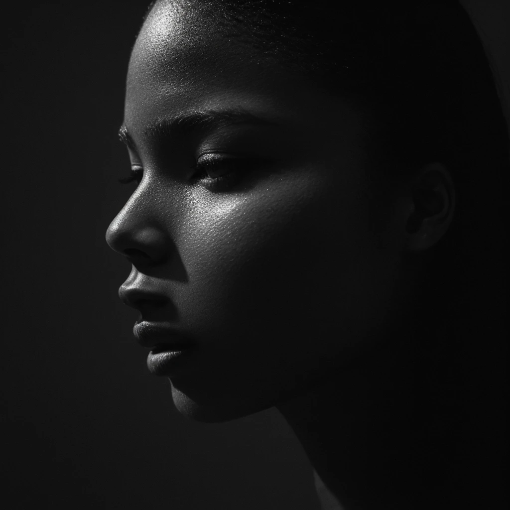 a beautiful black girl with a water teardrop running down her face and a black background, inspired by casey baugh, light falling on face, by casey baugh, stars in her gazing eyes, inspired by Roy DeCarava, noir photorealism, mysterious portrait of a woman, inspired by Anna Füssli, chiaroscuro portrait, grainy black and white photo. close up on side profile