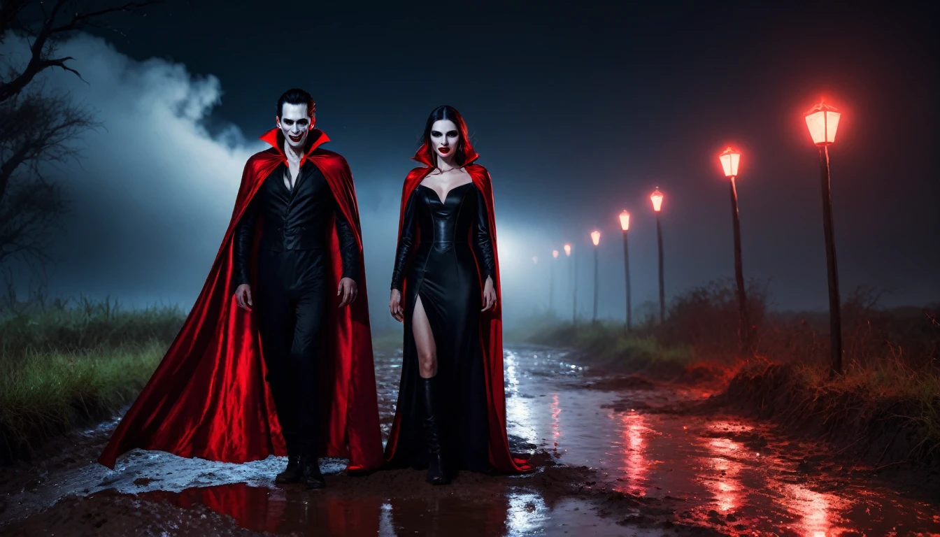 Image of two tall people, black clothing dress. Red cape with glowing eyes and sharp teeth. On the mud road at night There were vampires, PICTURE REALISTIC, high resolution, 8K
