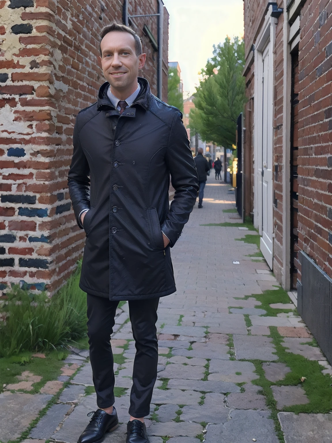 (highres,masterpiece:1.2), ultra-detailed, realistic:1.37, HDR, man ,solo, Todder8 Todder1 in the street with pea coat (stylish leather shoes), painted brick walls, german cobblestone pavement,lively city atmosphere,vibrant colors,soft light,cool blue tones