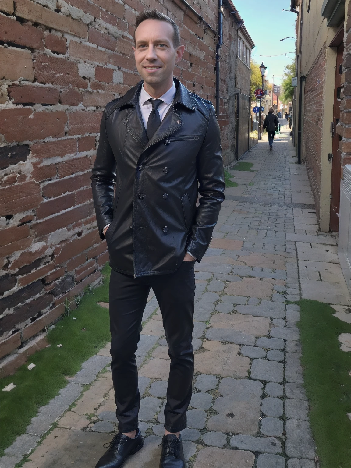 (highres,masterpiece:1.2), ultra-detailed, realistic:1.37, HDR, man ,solo, Todder8 Todder1 in the street with pea coat (stylish leather shoes), painted brick walls, german cobblestone pavement,lively city atmosphere,vibrant colors,soft light,cool blue tones