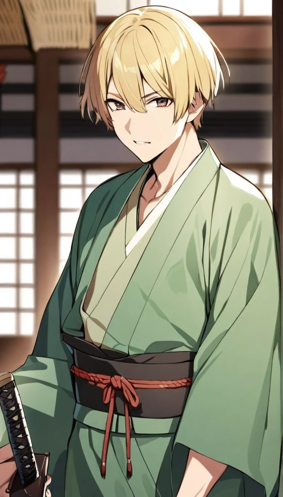 guy, short hair, blond, brown eyes, green kimono, haramaki, katana 