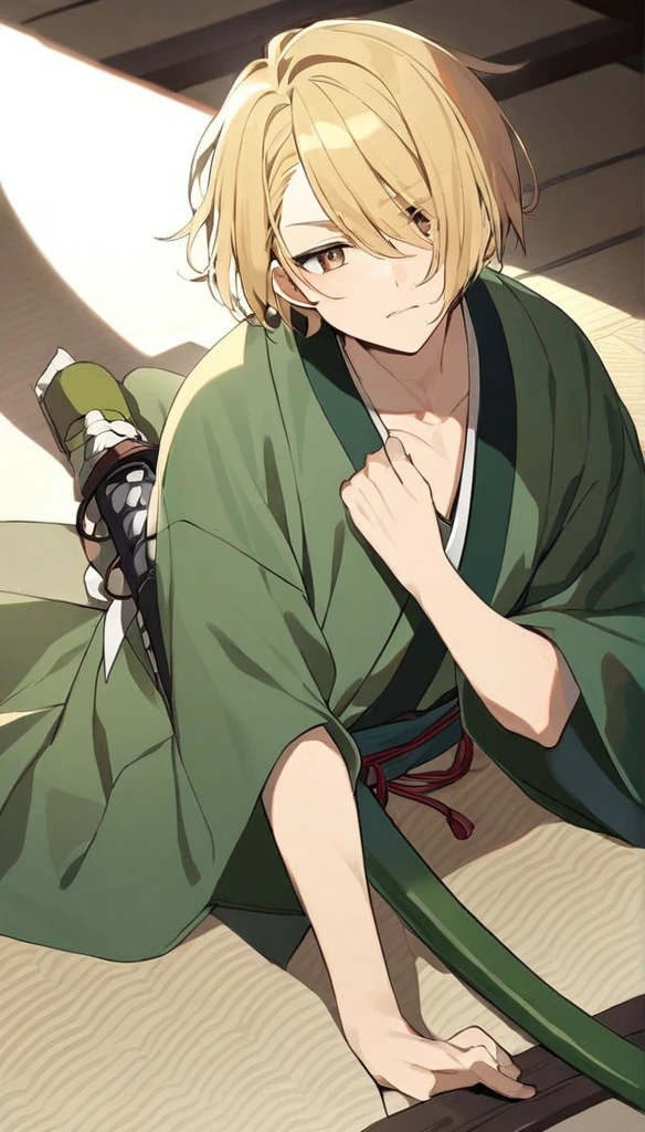guy, short hair, blond, brown eyes, green kimono, haramaki, katana