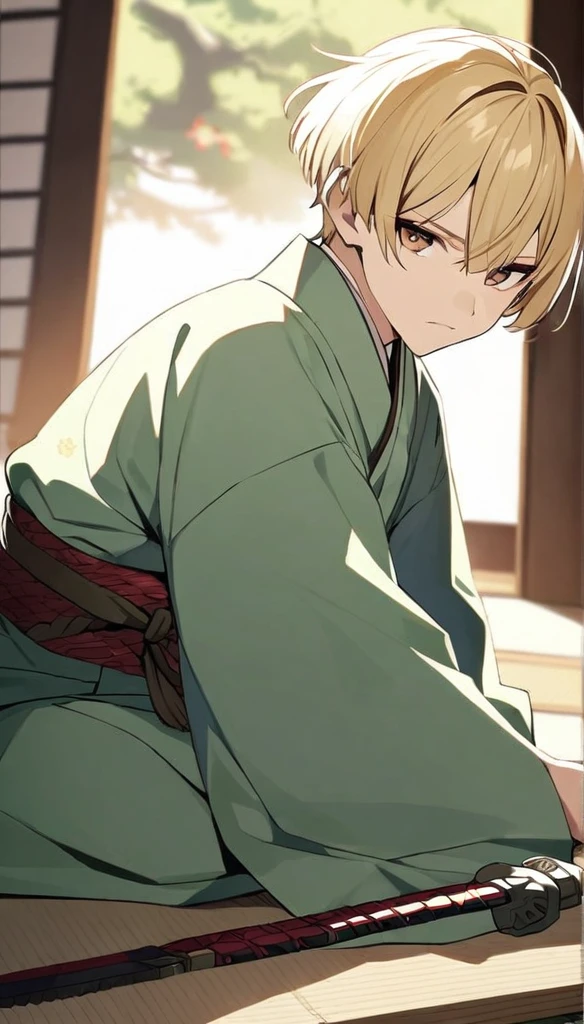 guy, short hair, blond, brown eyes, green kimono, haramaki, katana 