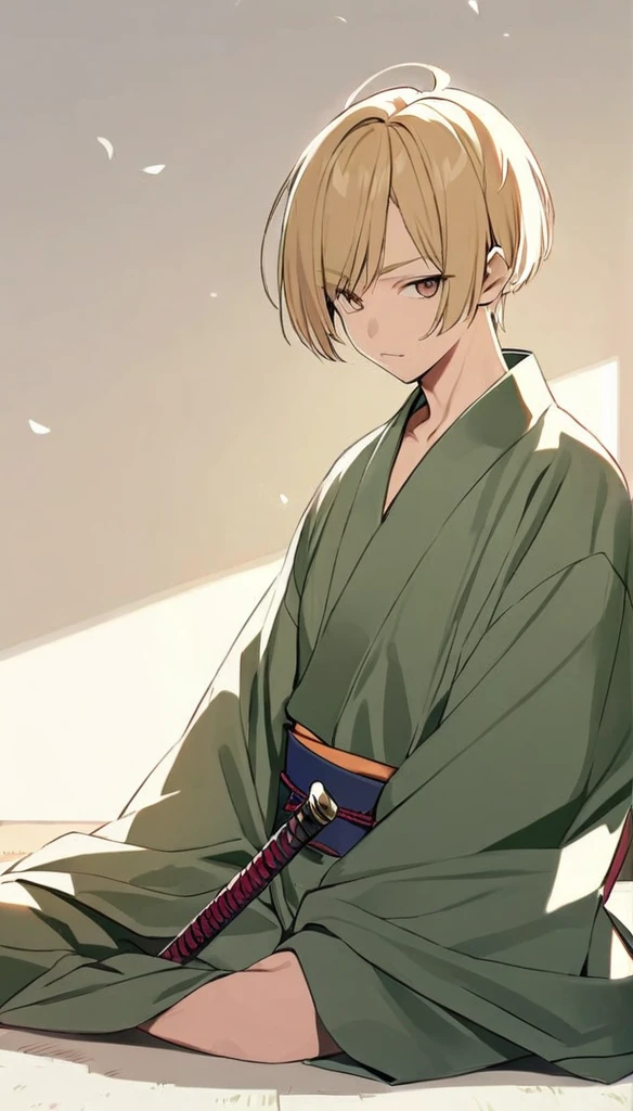 guy, short hair, blond, brown eyes, green kimono, haramaki, katana