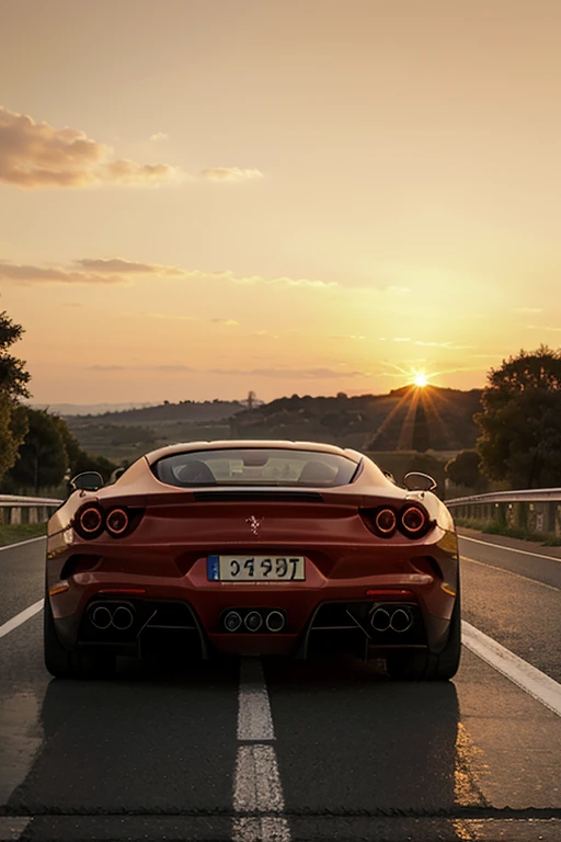 a Ferrari alone on a road at sunset with rear view