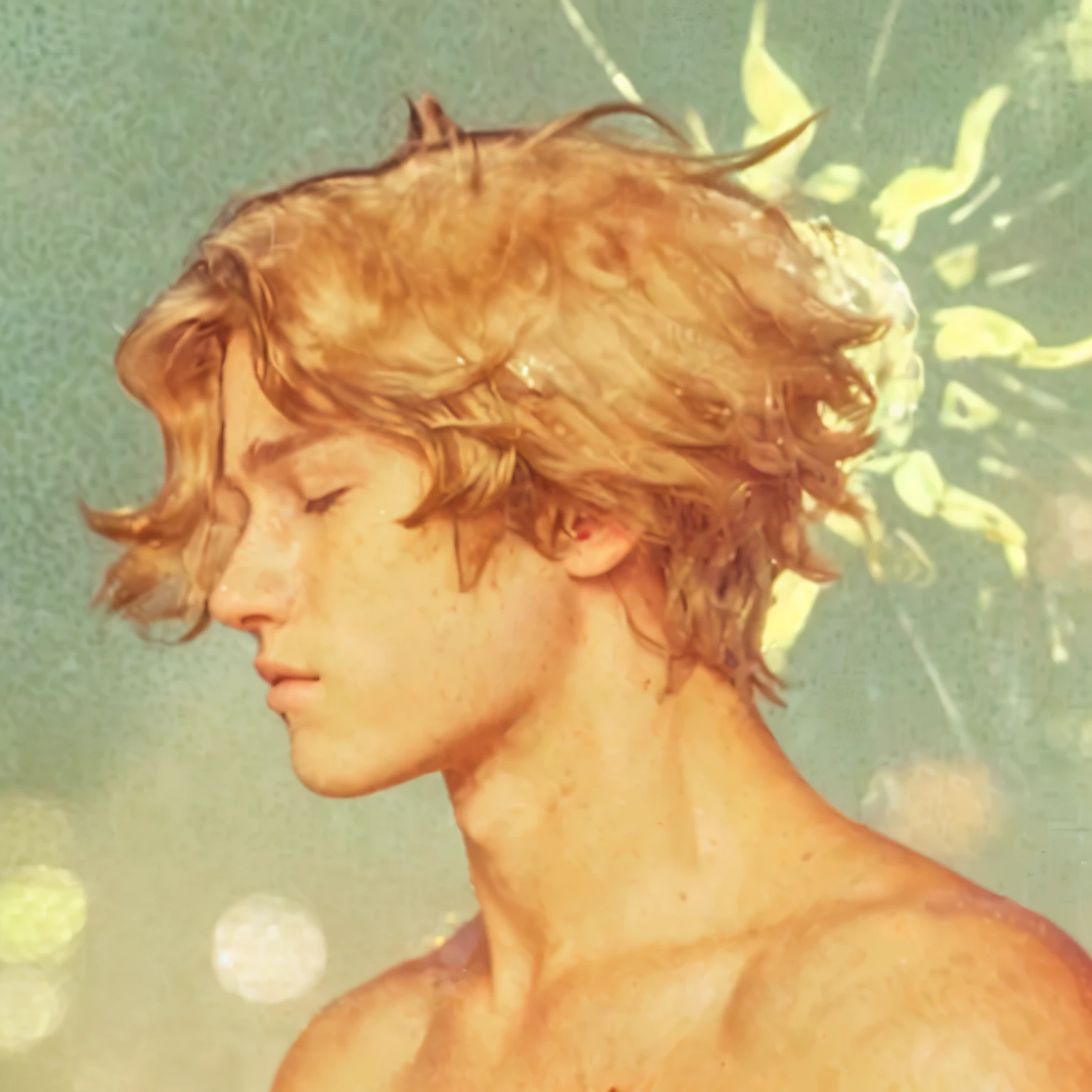 a boy, 1boy, solo, male focus, caucasian, middle part, dirty blonde hair, slightly brown hair, thick hair, wavy hair, closed eyes, side profile, (best quality,4k,8k,highres,masterpiece:1.2),ultra-detailed,(realistic,photorealistic,photo-realistic:1.37),high quality portrait, studio natural lighting