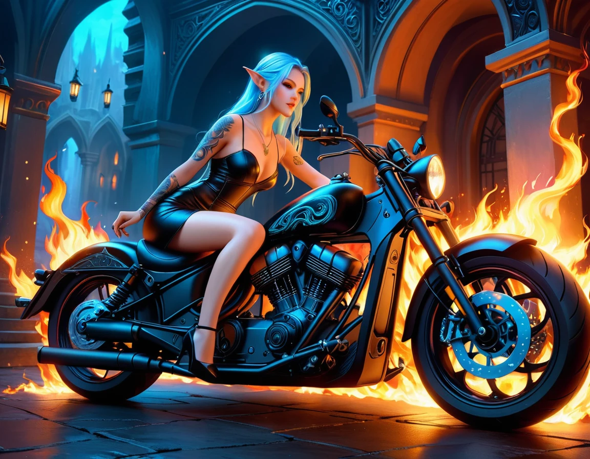 Arafed, Dark fantasy art, fantasy art, goth art, a picture of a of a tattooed female elf near her motorcycle (masterwork, best detailed, ultra detail: 1.5)  the tattoo is vivid, intricate detailed coming to life from the ink to real life, GlowingRunesAI_pale_blue, ((fire surrounds the motorcycle: 1.5)), ultra feminine, ((beautiful delicate face)), Ultra Detailed Face, small pointed ears, dynamic angle, ((the back is visible: 1.3), she wears a transparent black dress, the dress is elegant, flowing, elven style, that the tattoos glow, dynamic hair color, dynamic hair style, high details, best quality, 16k, [ultra detailed], masterpiece, best quality, (extremely detailed), dynamic angle, full body shot, faize, drkfntasy, Digital Painting