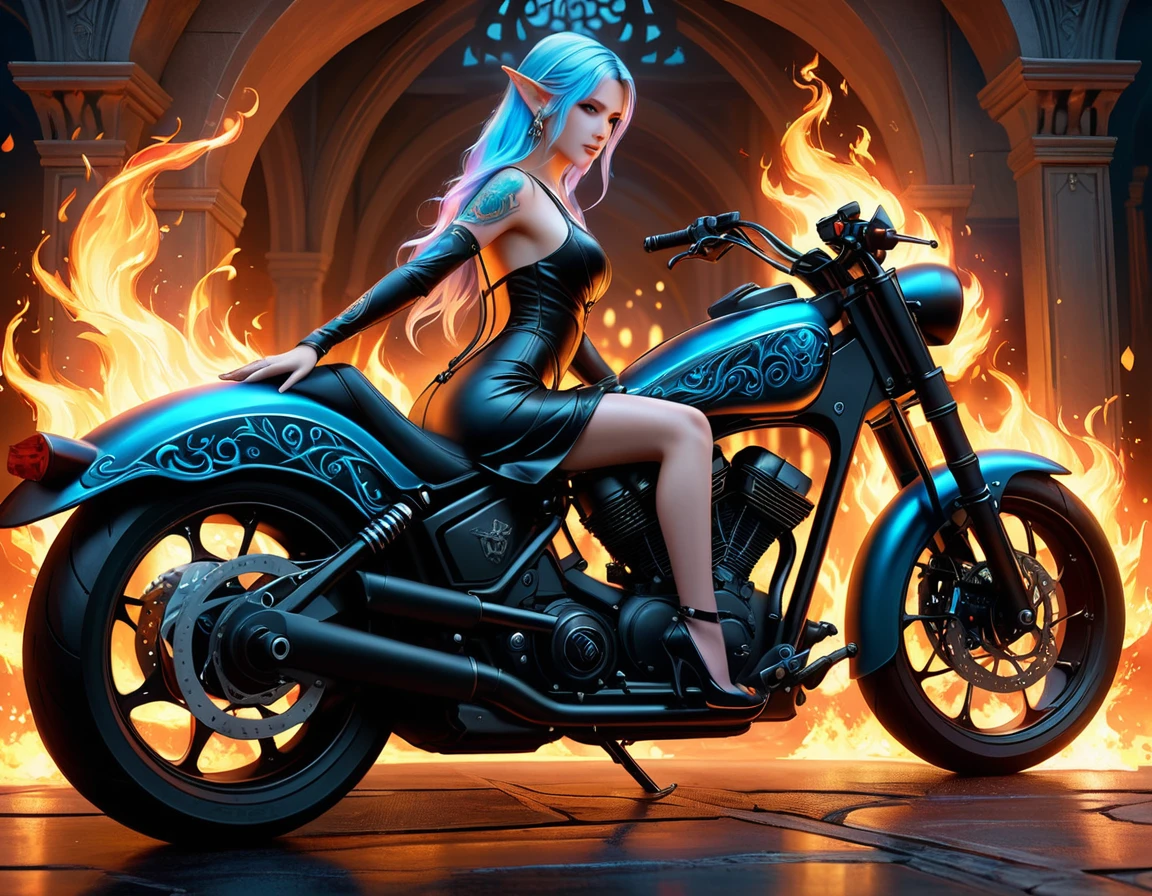 Arafed, Dark fantasy art, fantasy art, goth art, a picture of a of a tattooed female elf near her motorcycle (masterwork, best detailed, ultra detail: 1.5)  the tattoo is vivid, intricate detailed coming to life from the ink to real life, GlowingRunesAI_pale_blue, ((fire surrounds the motorcycle: 1.5)), ultra feminine, ((beautiful delicate face)), Ultra Detailed Face, small pointed ears, dynamic angle, ((the back is visible: 1.3), she wears a transparent black dress, the dress is elegant, flowing, elven style, that the tattoos glow, dynamic hair color, dynamic hair style, high details, best quality, 16k, [ultra detailed], masterpiece, best quality, (extremely detailed), dynamic angle, full body shot, faize, drkfntasy, Digital Painting