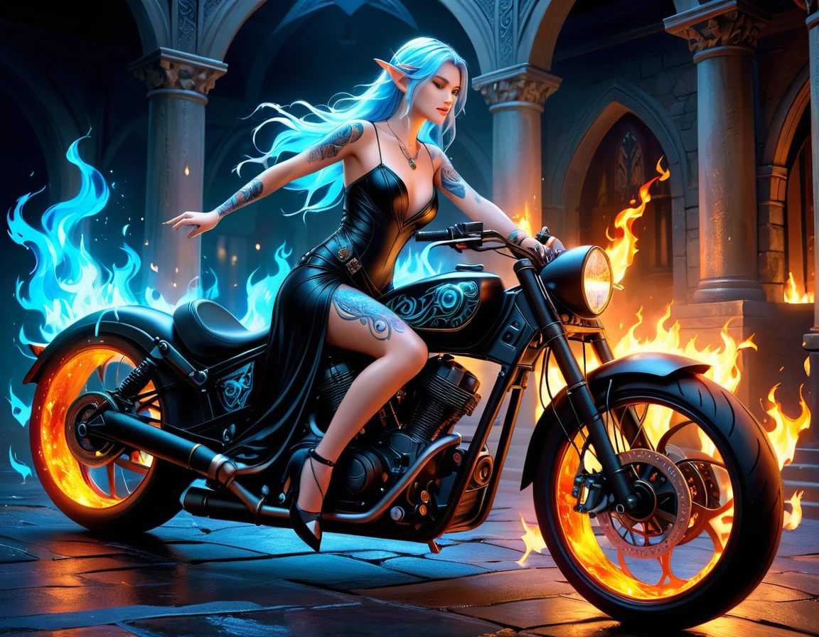 Arafed, Dark fantasy art, fantasy art, goth art, a picture of a of a tattooed female elf near her motorcycle (masterwork, best detailed, ultra detail: 1.5)  the tattoo is vivid, intricate detailed coming to life from the ink to real life, GlowingRunesAI_pale_blue, ((fire surrounds the motorcycle: 1.5)), ultra feminine, ((beautiful delicate face)), Ultra Detailed Face, small pointed ears, dynamic angle, ((the back is visible: 1.3), she wears a transparent black dress, the dress is elegant, flowing, elven style, that the tattoos glow, dynamic hair color, dynamic hair style, high details, best quality, 16k, [ultra detailed], masterpiece, best quality, (extremely detailed), dynamic angle, full body shot, faize, drkfntasy, Digital Painting