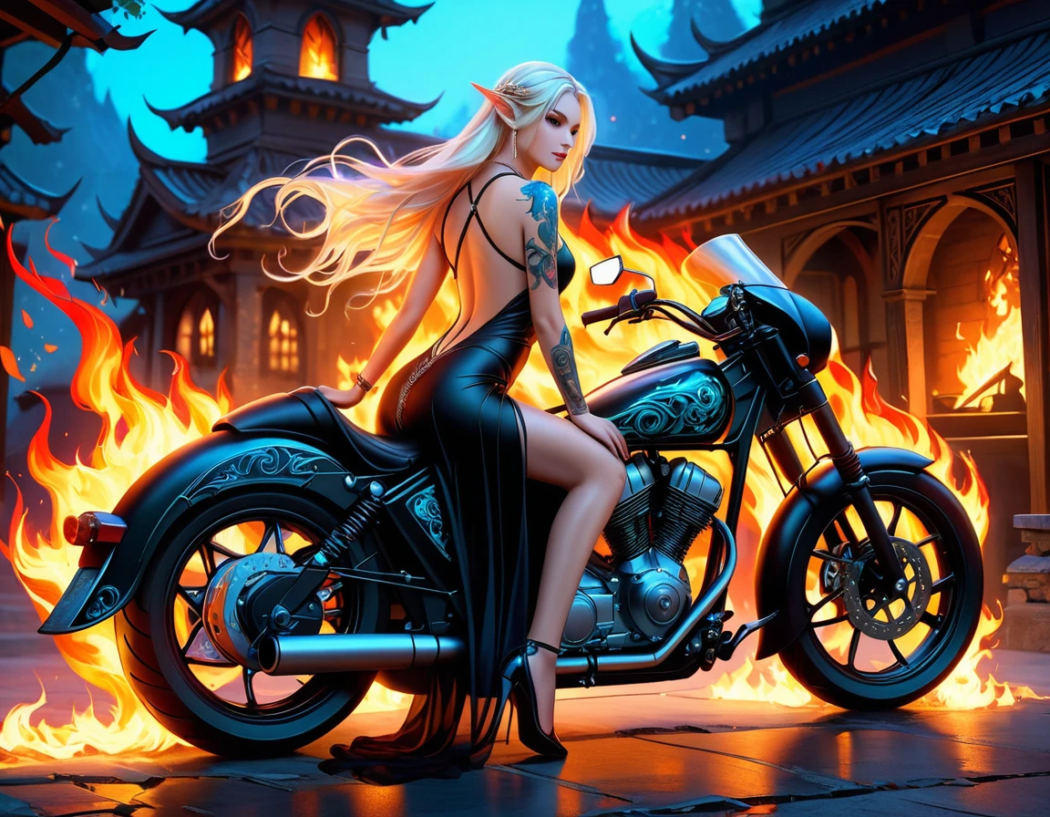 Arafed, Dark fantasy art, fantasy art, goth art, a picture of a of a tattooed female elf near her motorcycle (masterwork, best detailed, ultra detail: 1.5)  the tattoo is vivid, intricate detailed coming to life from the ink to real life, GlowingRunesAI_pale_blue, ((fire surrounds the motorcycle: 1.5)), ultra feminine, ((beautiful delicate face)), Ultra Detailed Face, small pointed ears, dynamic angle, ((the back is visible: 1.3), she wears a transparent black dress, the dress is elegant, flowing, elven style, that the tattoos glow, dynamic hair color, dynamic hair style, high details, best quality, 16k, [ultra detailed], masterpiece, best quality, (extremely detailed), dynamic angle, full body shot, faize, drkfntasy, Digital Painting