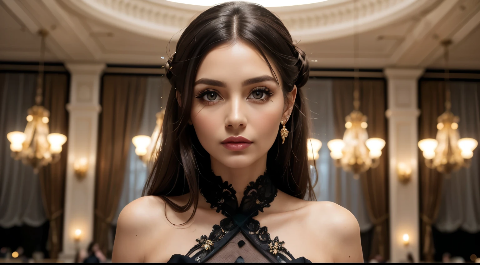 35mm film, updo, makeup, ((hazel eyes)), , (black dress), princess dress, jewelry, gold, looking at viewer, epiCPhoto, focus on face, close to viewer, intricate lines, ballroom, sharp magnificent details, delicate features, elaborate details, black hair, (((long hair))) (((mature woman))) (((fourty years old woman))) tanned skin
