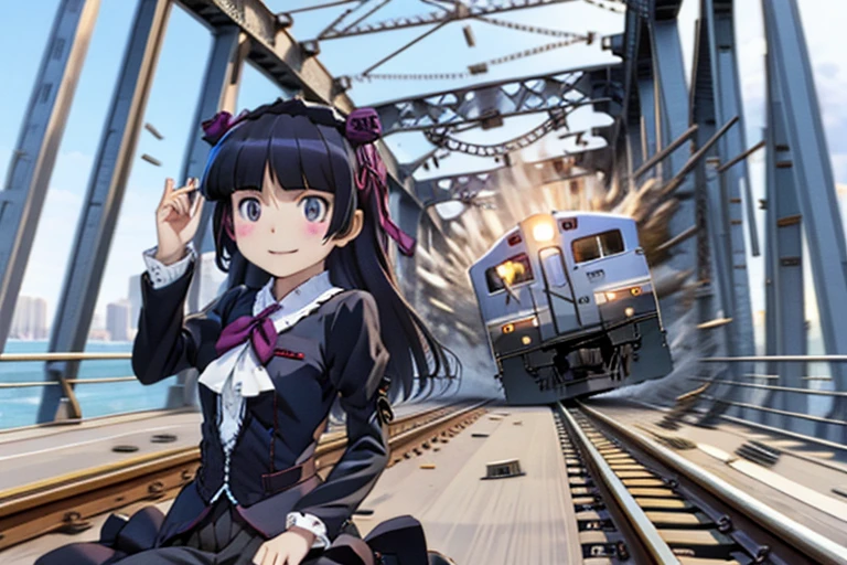  (ruri gokou), 1 girl, alone, girl, Hime cut, blush, Mole, Mole under eye, Gothic ****ta, ****ta Fashion, head band, evil smile,
BREAK
fleeingBridge,fleeing on bridge,bridge,breaking,crack,debris,destruction,fleeing,motion lines,motion blur,speed lines,riding,riding on motorcycle,railing,(((railroad tracks,train))),