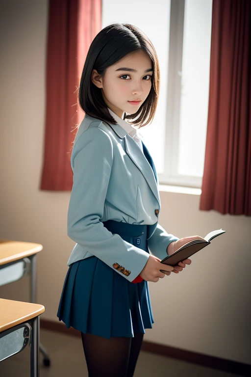 a beautiful 20-year-old Chinese college girl with delicate and intricate facial features, including large eyes, beautiful lips, and long eyelashes, posing in a college classroom setting. She has short silver-white hair that is slightly curled, and is wearing a cyan blazer uniform with a black skirt, black pantyhose, and canvas shoes. She has a pure, innocent expression on her face and is holding a book in her hand. The image is a high-quality, photorealistic, 8K RAW photograph with cinematic lighting, depth of field, and lens flare effects, showcasing the girl's perfect body and delicate skin. The overall tone is one of beauty, purity, and youthful desire.