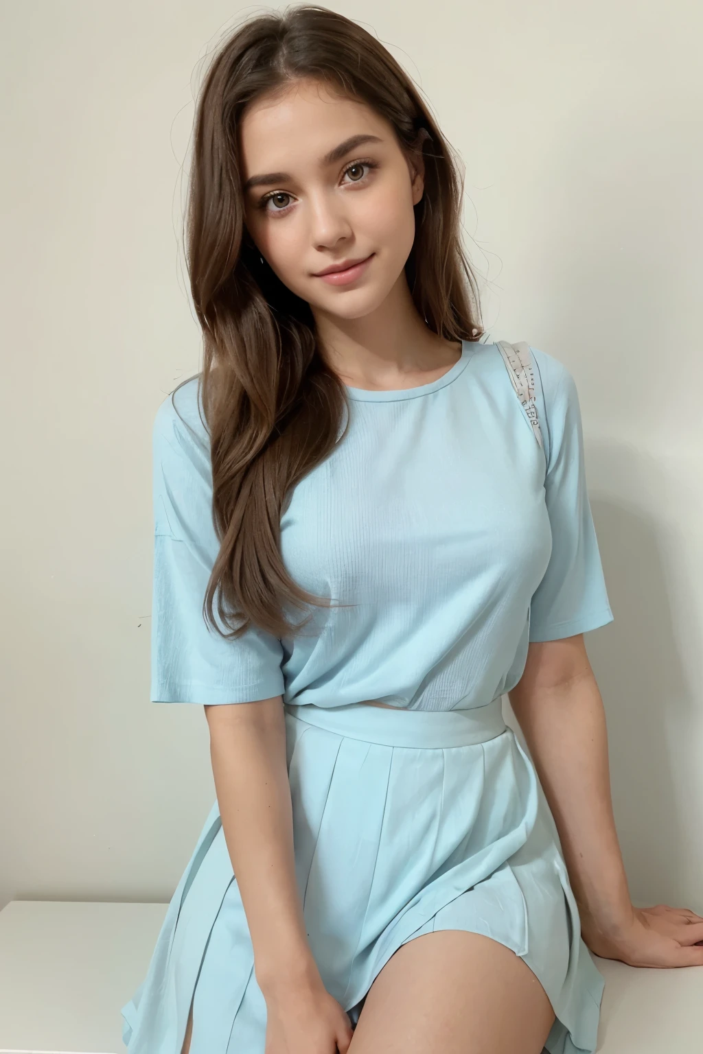 She has bright, sparkling eyes that draw you in and a warm, friendly smile that makes you feel comfortable. Her hair is neatly styled and frames her face beautifully. She is wearing a flowy, knee-length skirt in a pastel color like light blue or pink, paired with a simple but stylish top. The outfit highlights her slender, feminine figure in a tasteful, youthful way. Her makeup is natural and enhances her features without being overpowering. She carries herself with a sense of confidence and grace that is very appealing. Overall, she has a classic, girl-next-door look that is both attractive and approachable