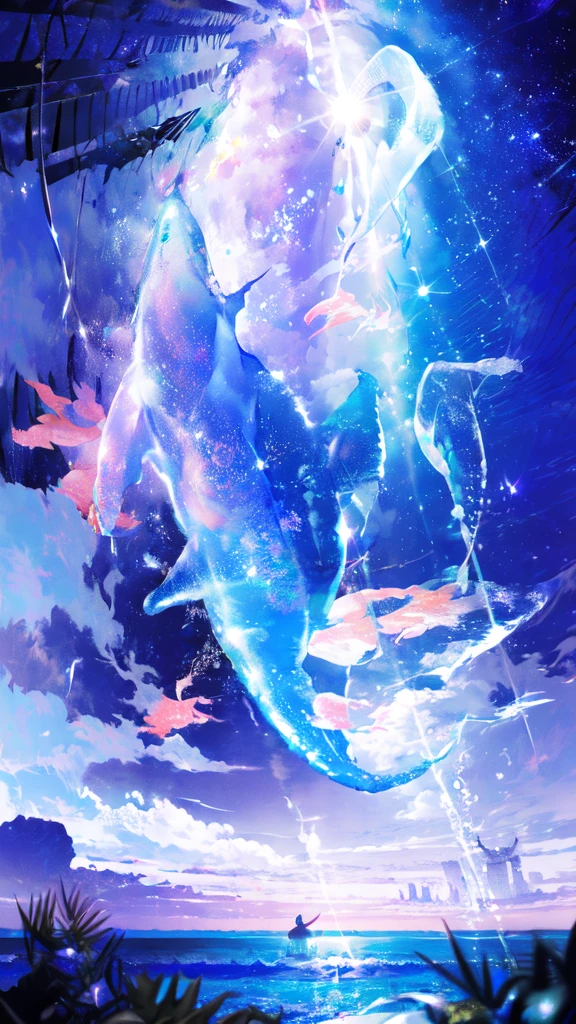 -scenery, 1girl, sky, Star (sky), Highest Resolution、whale, night, solo,Fine starry sky、 city lights, Starry sky, Fine bubbles、night sky, bubble, moon, watercraft, outdoors, short hair, ocean, cloud,coloured glaze,