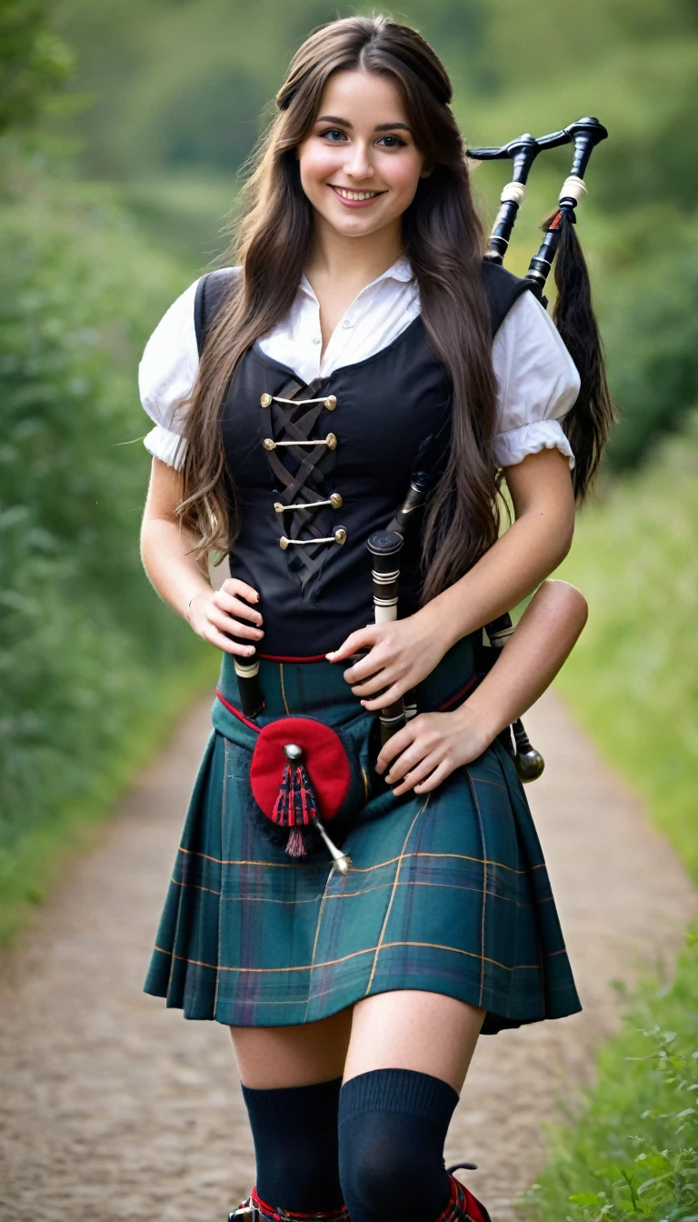 ultrarealistic high quality full body photo of a beautiful busty slim european 25-year-old woman with cute hyperdetailed shy face and natural dark brown ultra long hair and shy smile , realistic round hazel eyes, natural lips, dark eye makeup with eyeliner, wearing scottish bagpipe player outfit, hourglass body, outdoor photography