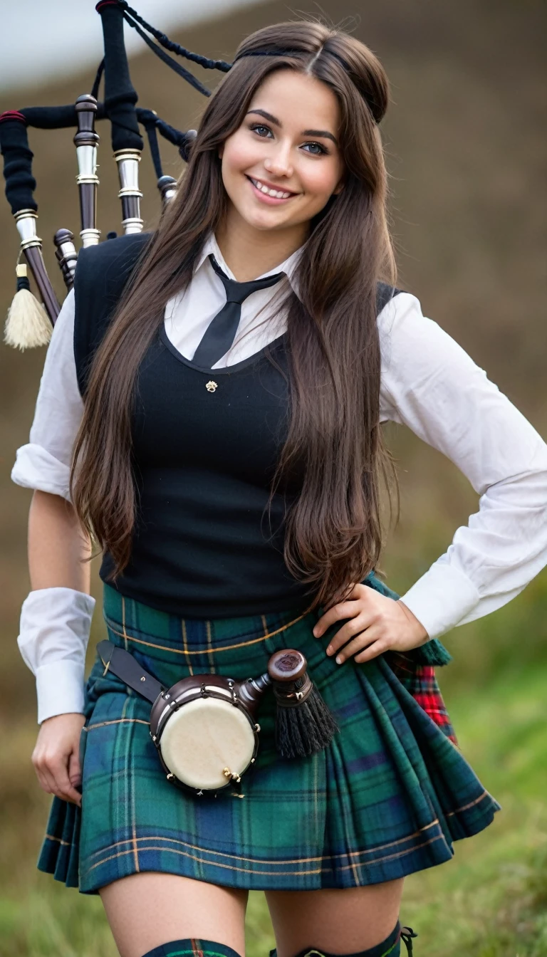 ultrarealistic high quality full body photo of a beautiful busty slim european 25-year-old woman with cute hyperdetailed shy face and natural dark brown ultra long hair and shy smile , realistic round hazel eyes, natural lips, dark eye makeup with eyeliner, wearing scottish bagpipe player outfit, hourglass body, outdoor photography