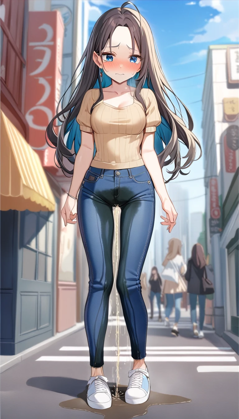 ((best quality, masterpiece:1.3, 8K)), (detailed), highly detailed face and skin texture, detailed eyes, downtown, full body, slender body, 1girl, 25 years old, white skin, blue eyes, worried, embarrassed, long hair, (forehead:0.8), (stylish top:1.2), denim pants, blue jeans, footwear, peeing jeans, peeing pants, pee stain, (wetting herself), desperation,