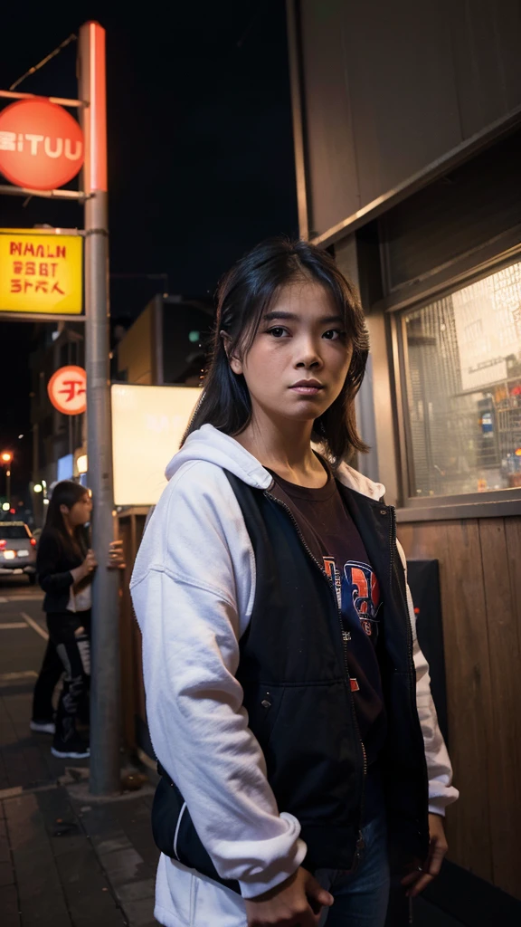 ((Best quality)), ((masterpiece)), ((realistic)), depict Christy JKT48 in his white outfit, an urban cityscape at dusk. The scene should be filled with intense action and dynamic energy. The lighting should be dramatic, with vibrant neon lights illuminating the surroundings. The artwork should be created in the style of manga, specifically inspired by the works of Hokusai. Utilize digital painting as the medium to capture the intricate details and convey the intensity of the scene. The artwork should be dynamic and action-packed, with a color scheme that includes vibrant blues, purples, and oranges. Employ cel-shaded 3D computer graphics to add depth and a unique visual style to the composition. Ensure the artwork is of high quality, with a focus on achieving a realistic portrayal of the character and his surroundings.