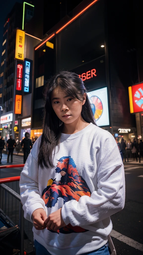 ((Best quality)), ((masterpiece)), ((realistic)), depict Christy JKT48 in his white outfit, an urban cityscape at dusk. The scene should be filled with intense action and dynamic energy. The lighting should be dramatic, with vibrant neon lights illuminating the surroundings. The artwork should be created in the style of manga, specifically inspired by the works of Hokusai. Utilize digital painting as the medium to capture the intricate details and convey the intensity of the scene. The artwork should be dynamic and action-packed, with a color scheme that includes vibrant blues, purples, and oranges. Employ cel-shaded 3D computer graphics to add depth and a unique visual style to the composition. Ensure the artwork is of high quality, with a focus on achieving a realistic portrayal of the character and his surroundings.