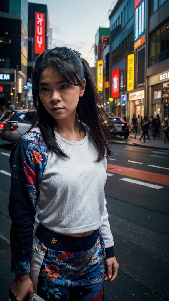 ((Best quality)), ((masterpiece)), ((realistic)), depict Christy JKT48 in his white outfit, an urban cityscape at dusk. The scene should be filled with intense action and dynamic energy. The lighting should be dramatic, with vibrant neon lights illuminating the surroundings. The artwork should be created in the style of manga, specifically inspired by the works of Hokusai. Utilize digital painting as the medium to capture the intricate details and convey the intensity of the scene. The artwork should be dynamic and action-packed, with a color scheme that includes vibrant blues, purples, and oranges. Employ cel-shaded 3D computer graphics to add depth and a unique visual style to the composition. Ensure the artwork is of high quality, with a focus on achieving a realistic portrayal of the character and his surroundings.