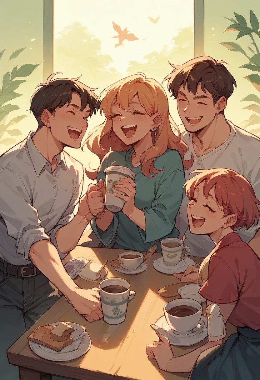 Create a scene where a group of people having a good coffee are laughing and talking at sunset.