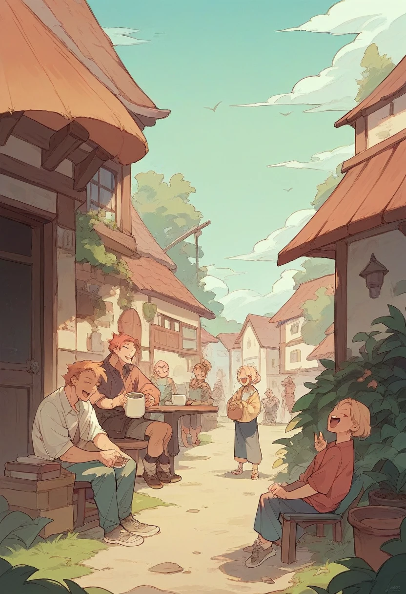 Create a scene where a group of people having a good coffee are laughing and talking at sunset.