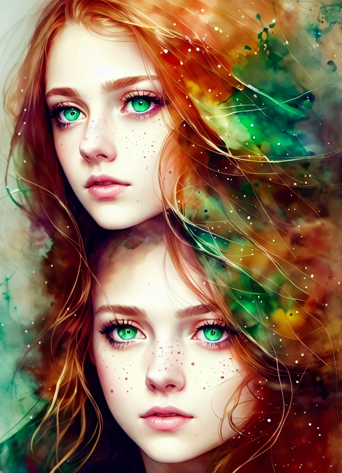 a woman by agnes cecile, luminous design, pastel colours, ink drips, autumn lights, detailed Turmaline Green eyes, ginger hair