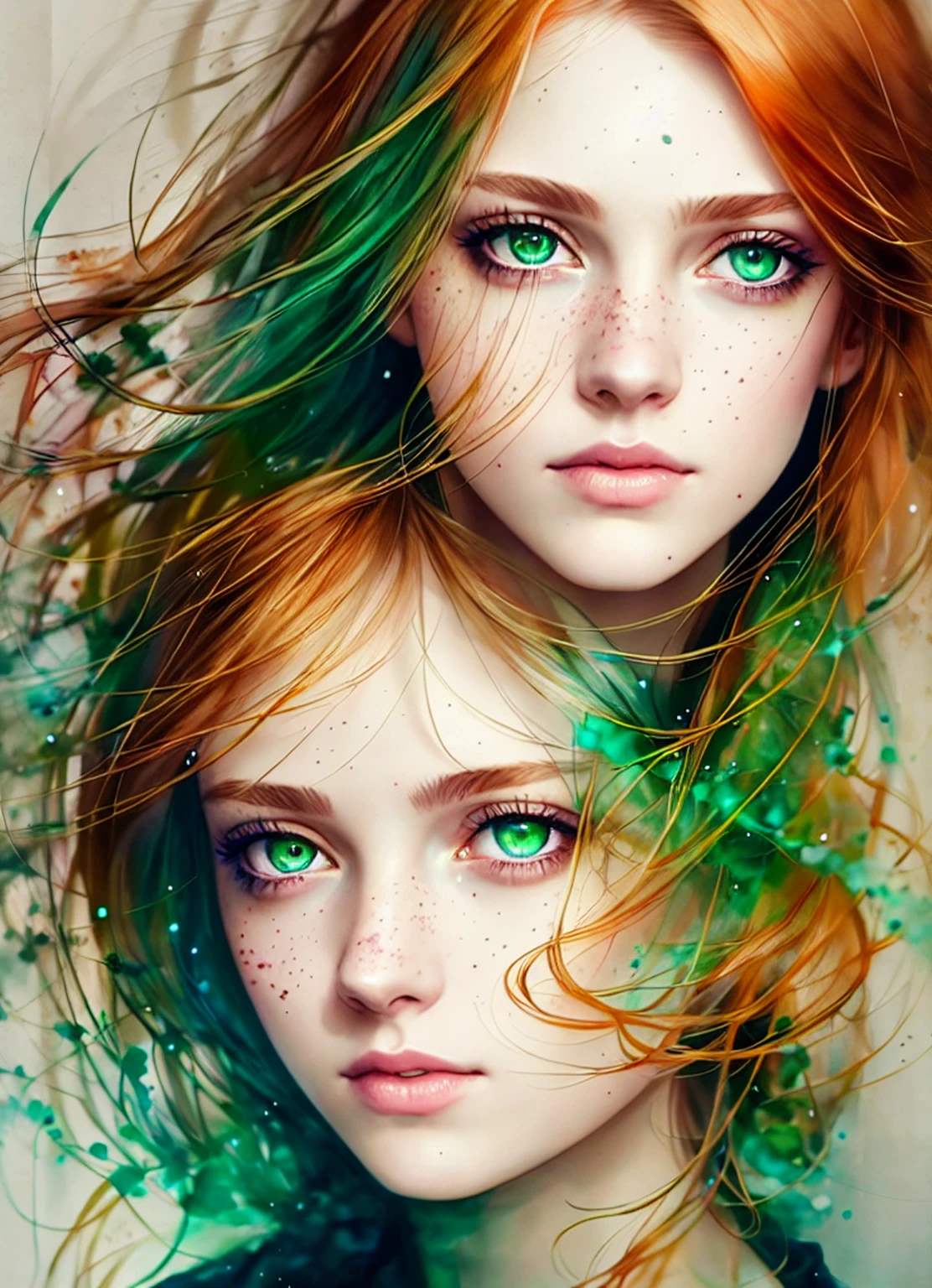 a woman by agnes cecile, luminous design, pastel colours, ink drips, autumn lights, detailed Turmaline Green eyes, ginger hair