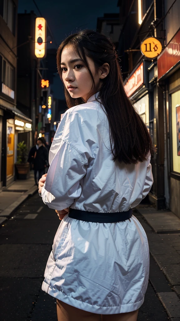 ((Best quality)), ((masterpiece)), ((realistic)), depict Christy JKT48 in his white outfit, an urban cityscape at dusk. The scene should be filled with intense action and dynamic energy. The lighting should be dramatic, with vibrant neon lights illuminating the surroundings. The artwork should be created in the style of manga, specifically inspired by the works of Hokusai. Utilize digital painting as the medium to capture the intricate details and convey the intensity of the scene. The artwork should be dynamic and action-packed, with a color scheme that includes vibrant blues, purples, and oranges. Employ cel-shaded 3D computer graphics to add depth and a unique visual style to the composition. Ensure the artwork is of high quality, with a focus on achieving a realistic portrayal of the character and his surroundings.