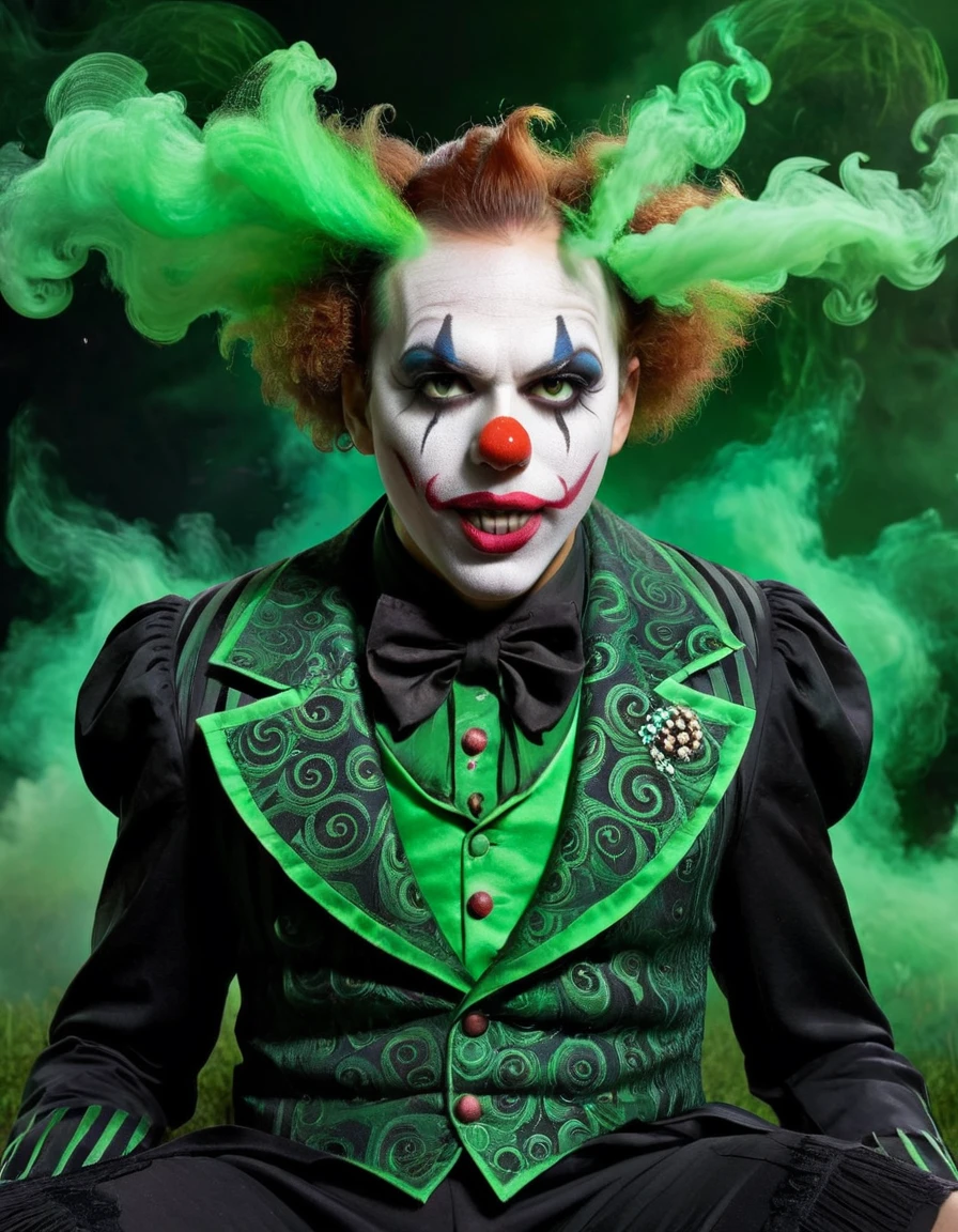 A clown with fractal nightmare makeup, green fractal smoke rising from his face, and surreal, terrifying attire. The background is a dark, fractal landscape.