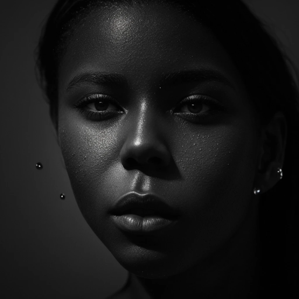 a beautiful black girl with a water teardrop running down her face and a black background, inspired by casey baugh, light falling on face, by casey baugh, stars in her gazing eyes, inspired by Roy DeCarava, noir photorealism, mysterious portrait of a woman, inspired by Anna Füssli, chiaroscuro portrait, grainy black and white photo. close up on side profile