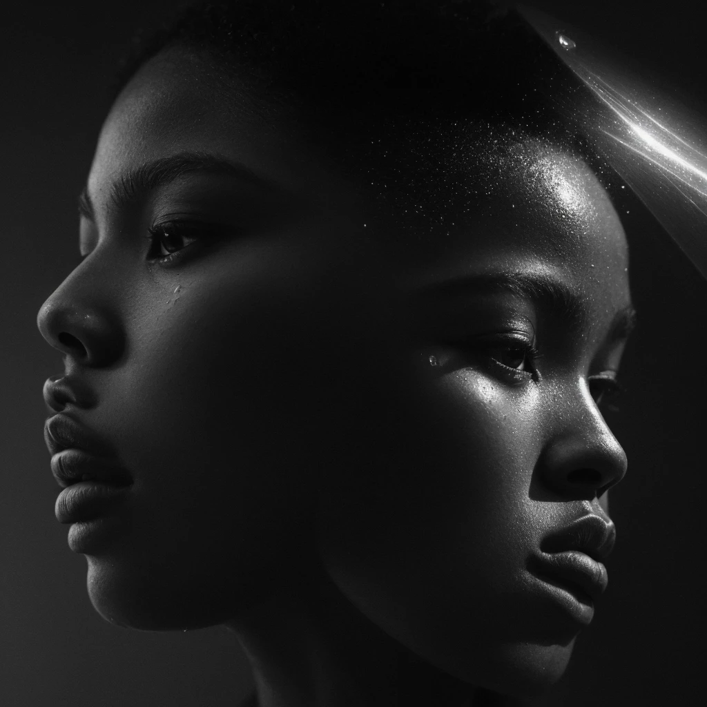 a beautiful black girl with a water teardrop running down her face and a black background, inspired by casey baugh, light falling on face, by casey baugh, stars in her gazing eyes, inspired by Roy DeCarava, noir photorealism, mysterious portrait of a woman, chiaroscuro portrait, grainy black and white photo. close up on side profile