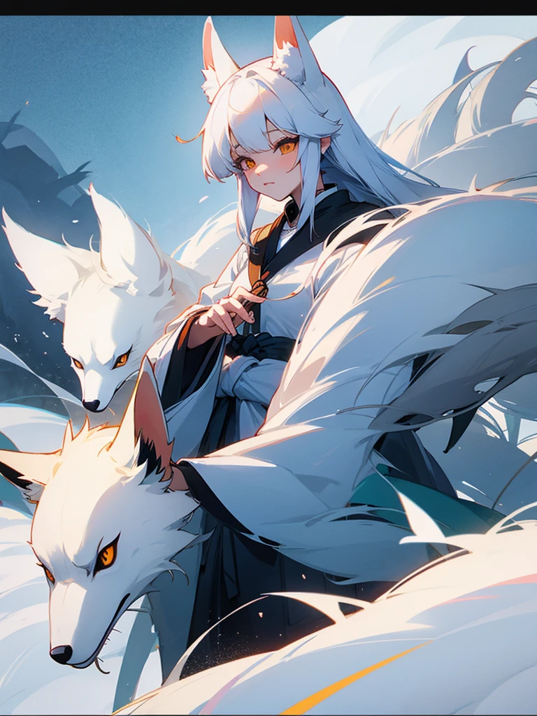 White kitsune girl with foxes on the mountain