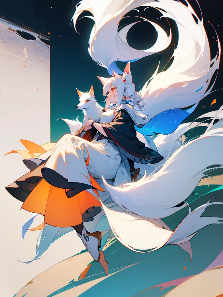White kitsune girl with foxes on the mountain