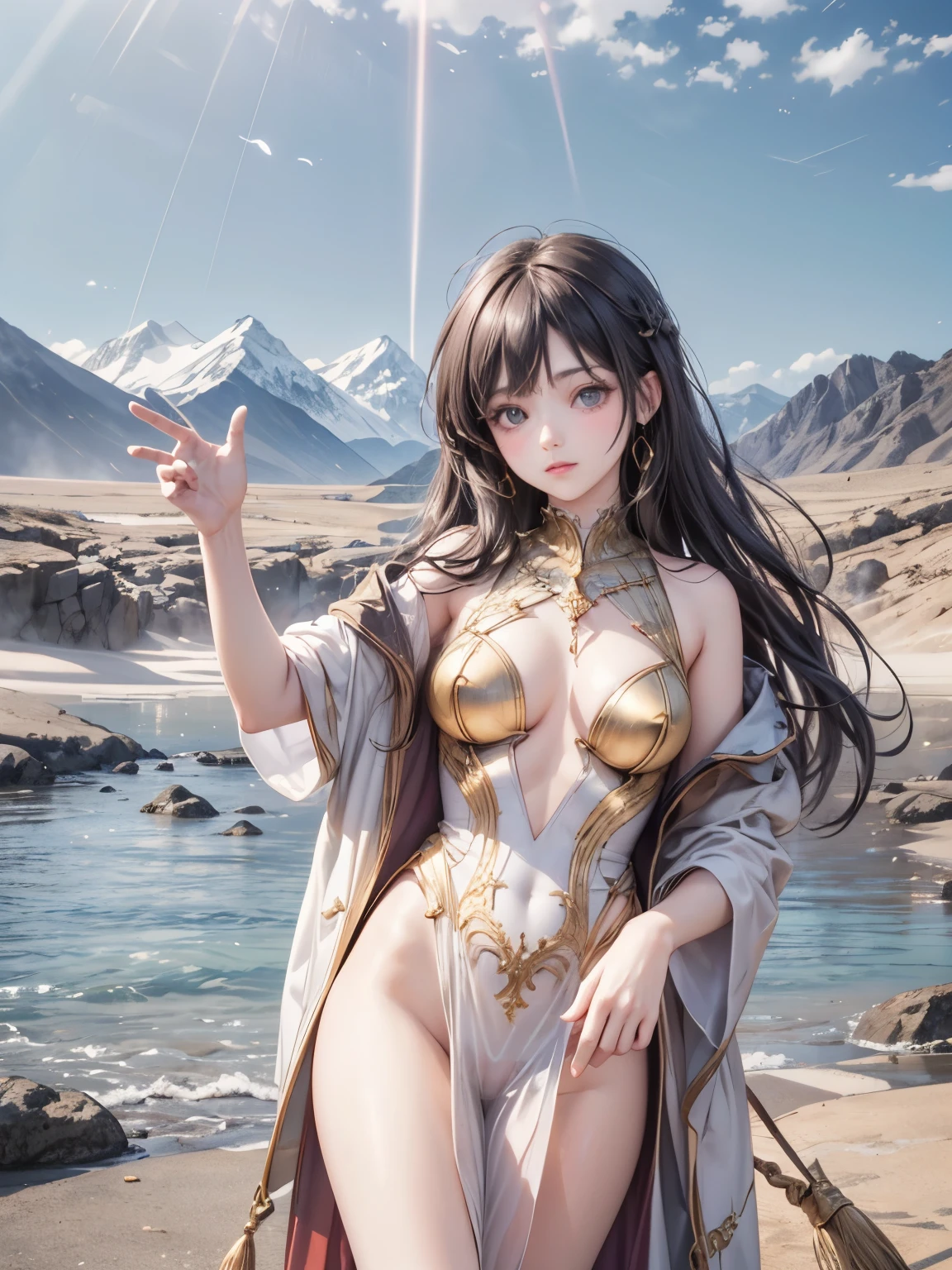 (masterpiece,top quality,Best quality,official art,beautiful and aesthetically pleasing:1.2),beautiful princess,At the foot of the mountain,mountains in the distance,Correct anatomy,Full length photo,convex,Cute big breasts,open chest,legs separated,plum,Desire for dissatisfaction,only genitalia, camel toes,Sexual gesture,(Long hair and long meat),gentle face, detailed eyes,Correct anatomy,detailed face, detailed eyes,Holy Rays,gold foil,gold leaf art,deep background,absurdity,fantastic and incredible,Epic composition,(complex parts,hyper detail:1.2),ultra photorealistic, epic realistic, ((with neutral colors)),(pastel color:1.2), hyperrealistic, + cinematography + dynamic composition, incredibly detailed, sharpen, cinematic, warm light, light effect, dramatic light, (complex parts:1.1), complex background, (black and red:0.4)