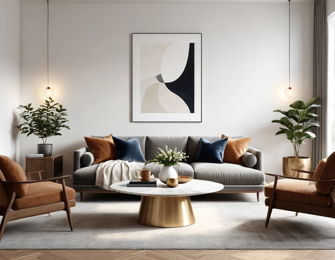 Generate a photorealistic AI-rendered image of a warm and inviting living room with a clean aesthetic. The scene should exude a cozy atmosphere, featuring well-lit spaces and a tasteful interior. Include realistic details such as furniture arrangements, subtle decor, and a blank wall suitable for a painting. This image will serve as a mock-up for a painting, capturing the essence of a welcoming and stylish living room with a focus on warmth and cleanliness. Leave the painting blank white. Closer view on the painting. full view of painting. No art work on the painting, leave it blank.\