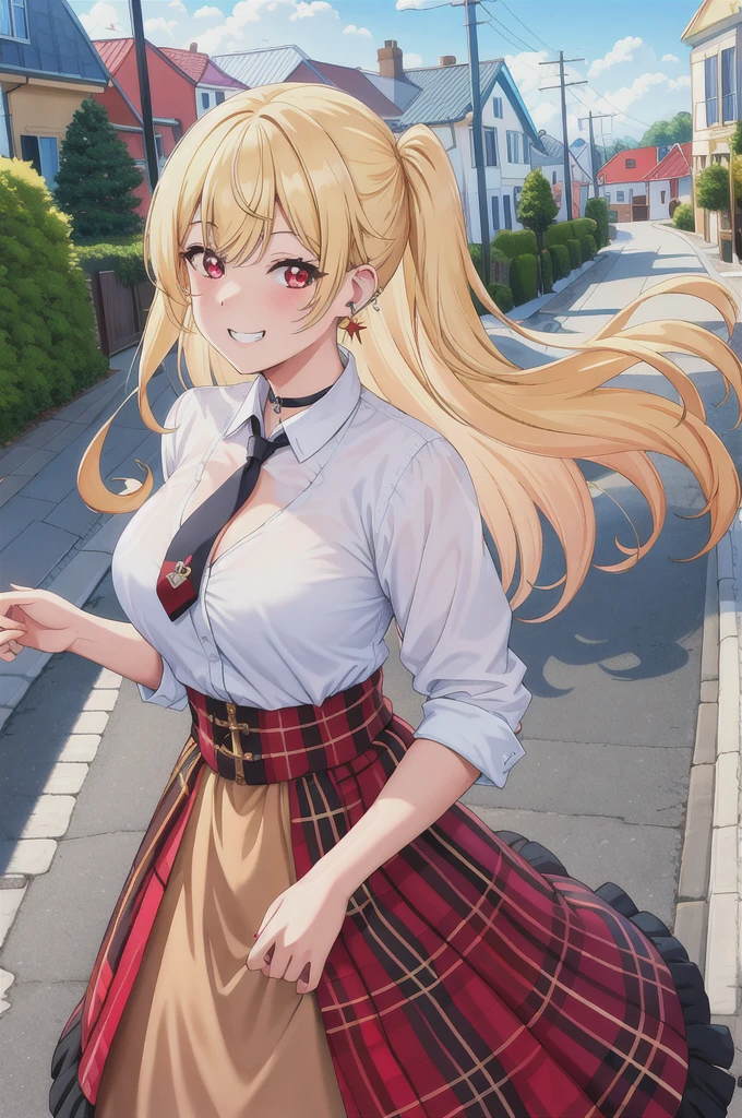 masterpiece, best quality, highres, kitagawa marin, 1girl, blonde hair, long hair, multicolored hair, red eyes, jewelry, earrings, piercing, , white shirt, tied shirt, black choker, blue necktie, plaid skirt, subtle cleavage, grin, smile, standing, cowboy shot, outdoors,  