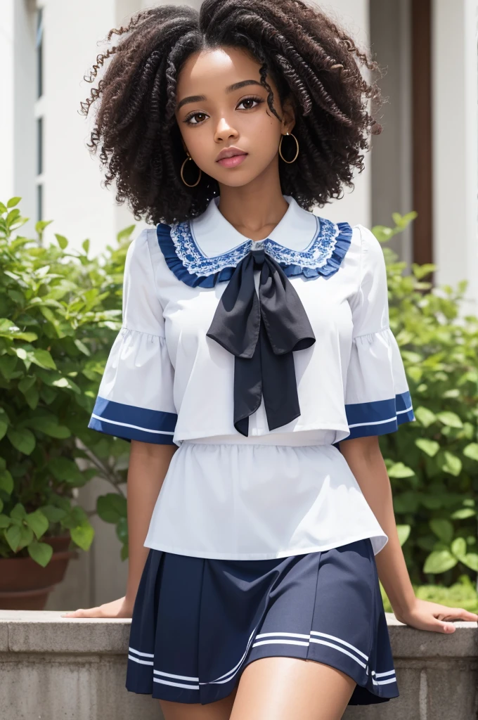 A black girl with curly hair wearing a blue skirt and white blouse